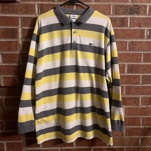 Vintage Lacoste Men Large Rugby Striped Long Sleeve Polo Shirt Yellow Grey White